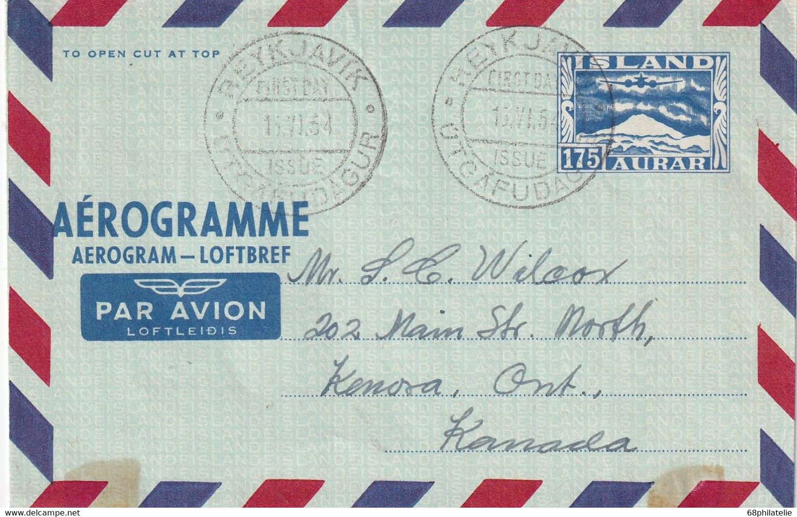 ISLANDE AEROGRAMME 1954 - Entiers Postaux
