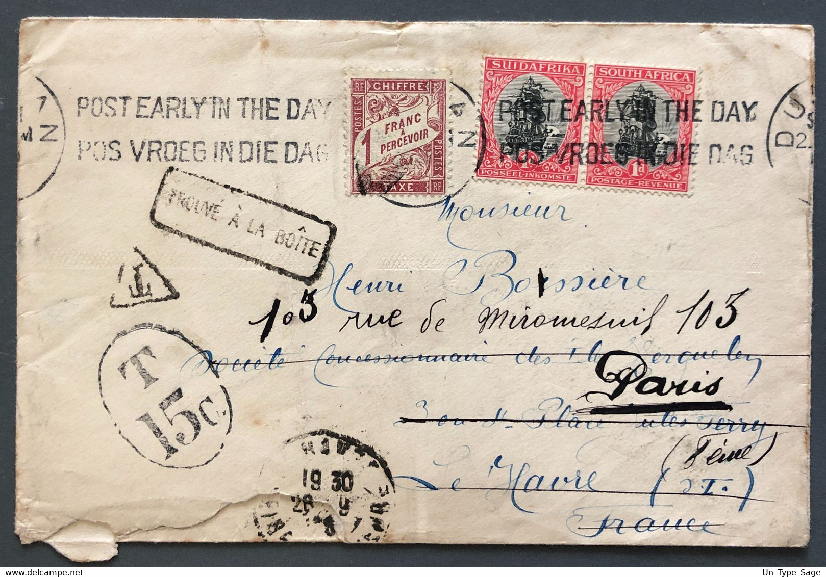 France, Taxe Sur Enveloppe D'Afrique Du Sud, Divers Cachets - (C1960) - 1859-1959 Covers & Documents