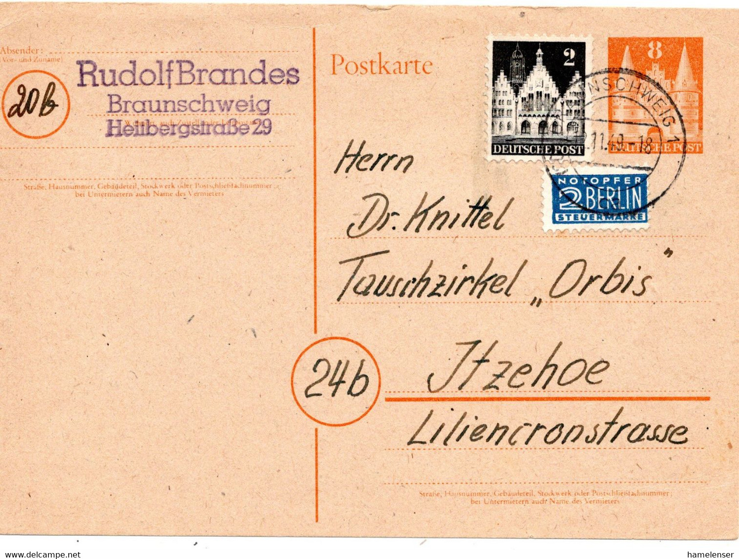 62557 - Bund - 1949 - 8Pfg Bauten GAKte M ZusFrankatur BRAUNSCHWEIG -> Itzehoe - Andere & Zonder Classificatie