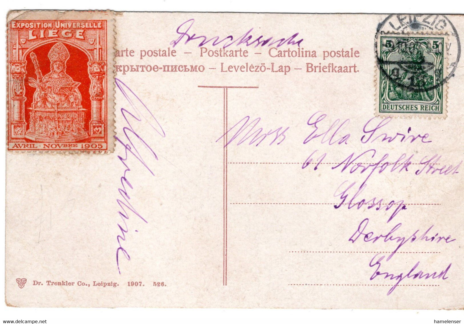 62558 - Deutsches Reich - 1907 - 5Pfg Germania EF A AnsKte LEIPZIG -> Grossbritannien, M. Aufkleber "Weltausstellung .." - 1905 – Liegi (Bélgica)