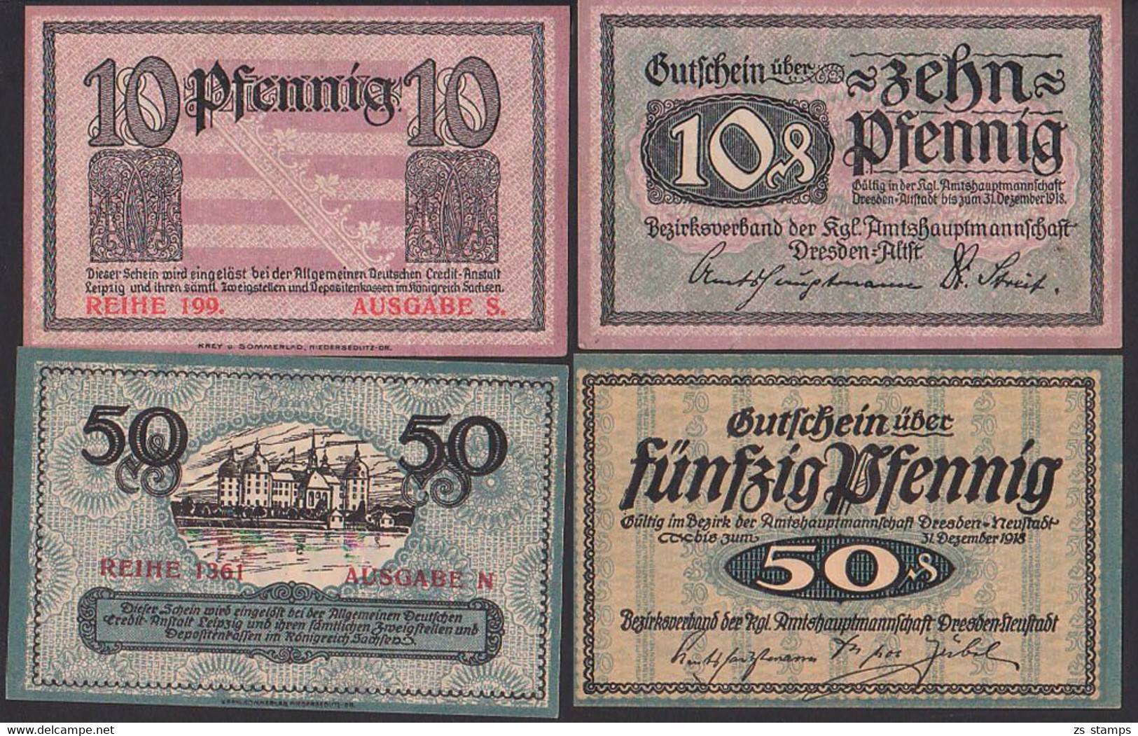 Dresden-Neustadt 1921 Amtshauptmannschaft Gutschein 50 Pfg.  Abb. Schloss Moritzburg, Drei Haselnüsse Und 10 Pfg. Wappen - Zwischenscheine - Schatzanweisungen