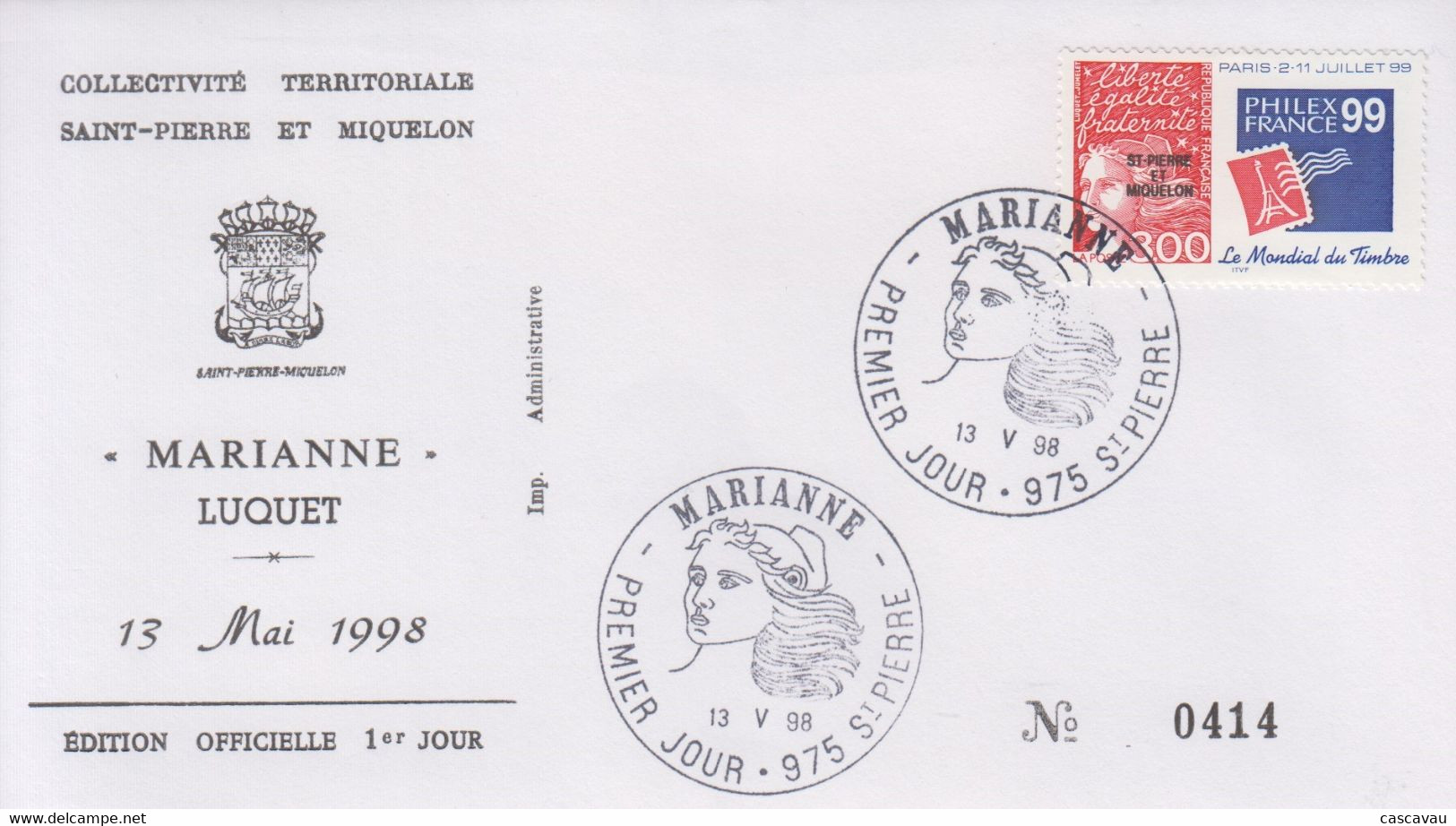 Enveloppe  FDC  1er  JOUR    SAINT  PIERRE  Et  MIQUELON    PHILXFRANCE   MARIANNE  De  LUQUET   1998 - FDC
