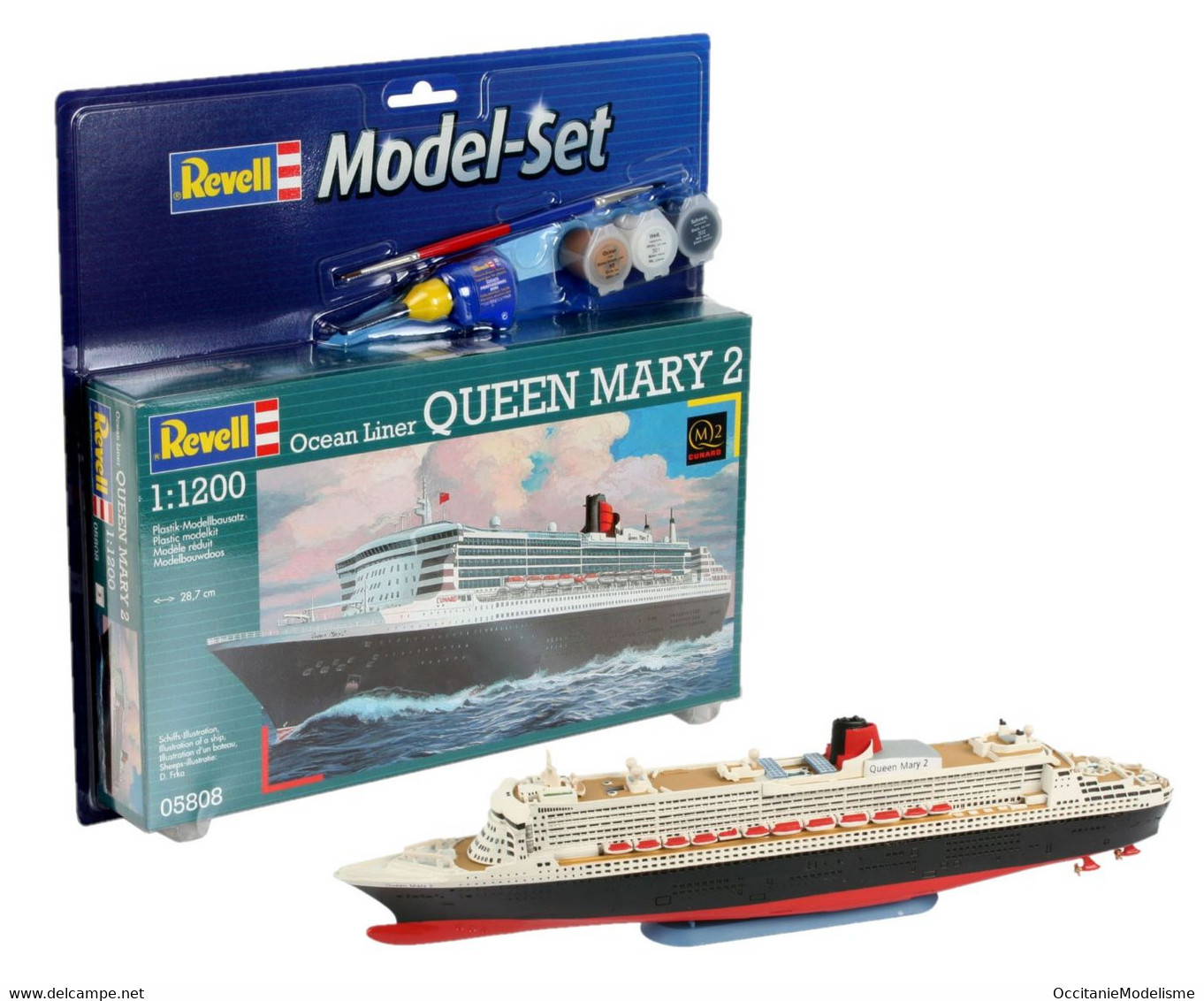 Revell - SET Paquebot QUEEN MARY 2 Cunard + Peintures + Colle Maquette Kit Plastique Réf. 65808 Neuf NBO 1/1200 - Barche