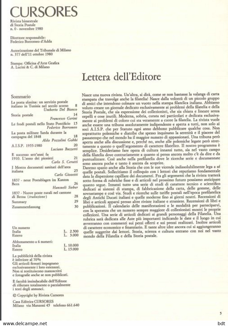 L20 - LETTERATURA FILATELICA - CURSORES Rivista Di Storia Postale - Il NUMERO 0 ESAURITO - Italiane (dal 1941)
