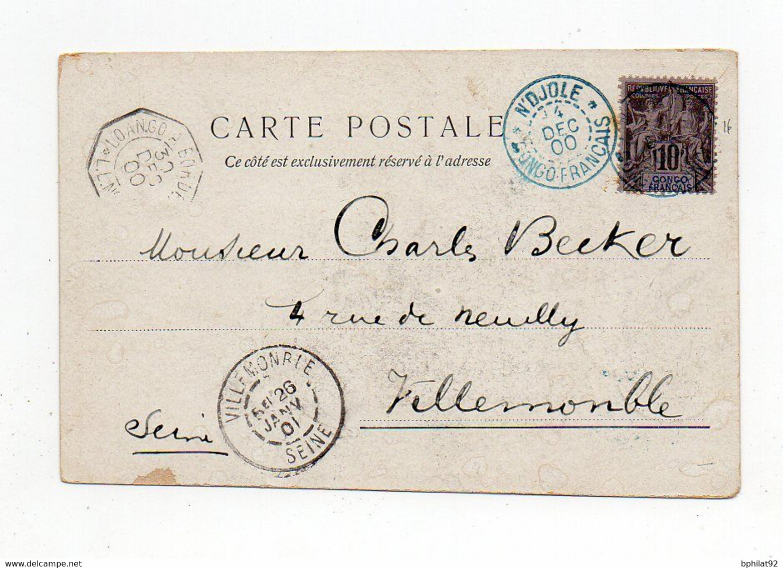 !!! N°16 OBLIT BLEUE N'DJOLE -  CONGO + CACHET MARITIME LOANGO A BORDEAUX 1900 SUR CPA - Brieven En Documenten