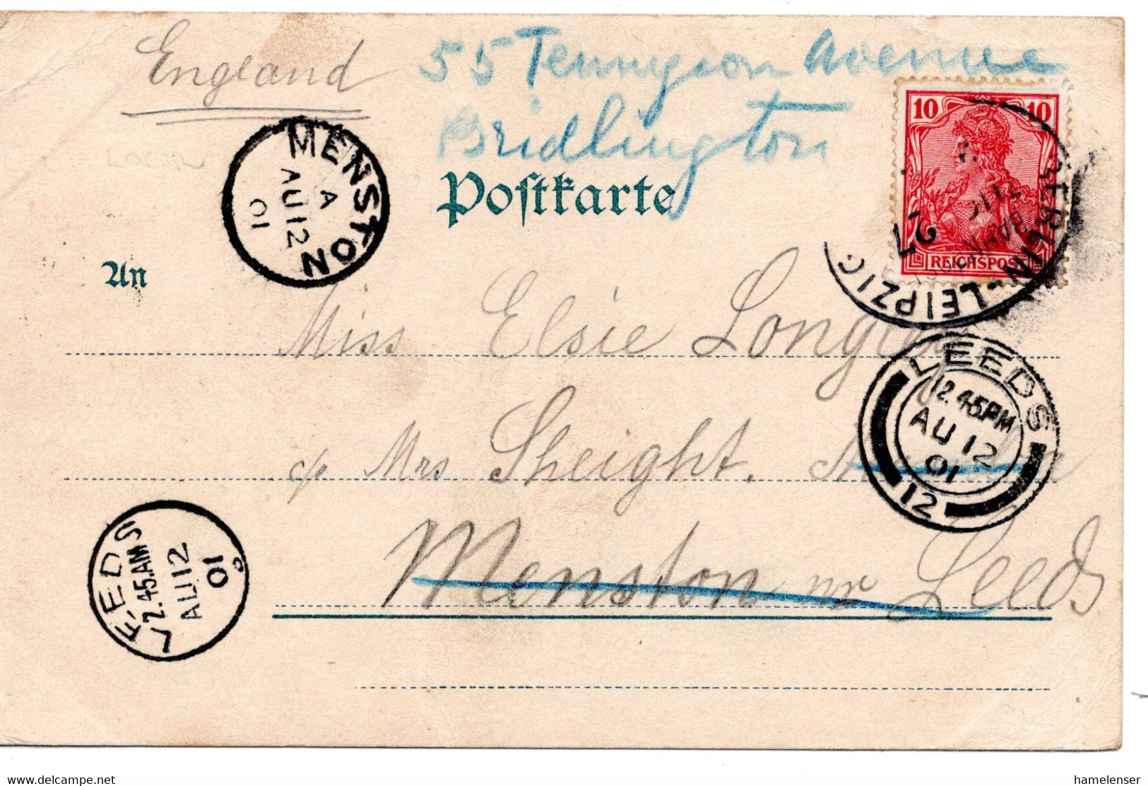 62605 - Deutsches Reich - 1901 - 10Pfg Germania EF A AnsKte Bahnpoststpl BERLIN-LEIPZIG -> MENSTON (Grossbritannien) - Storia Postale