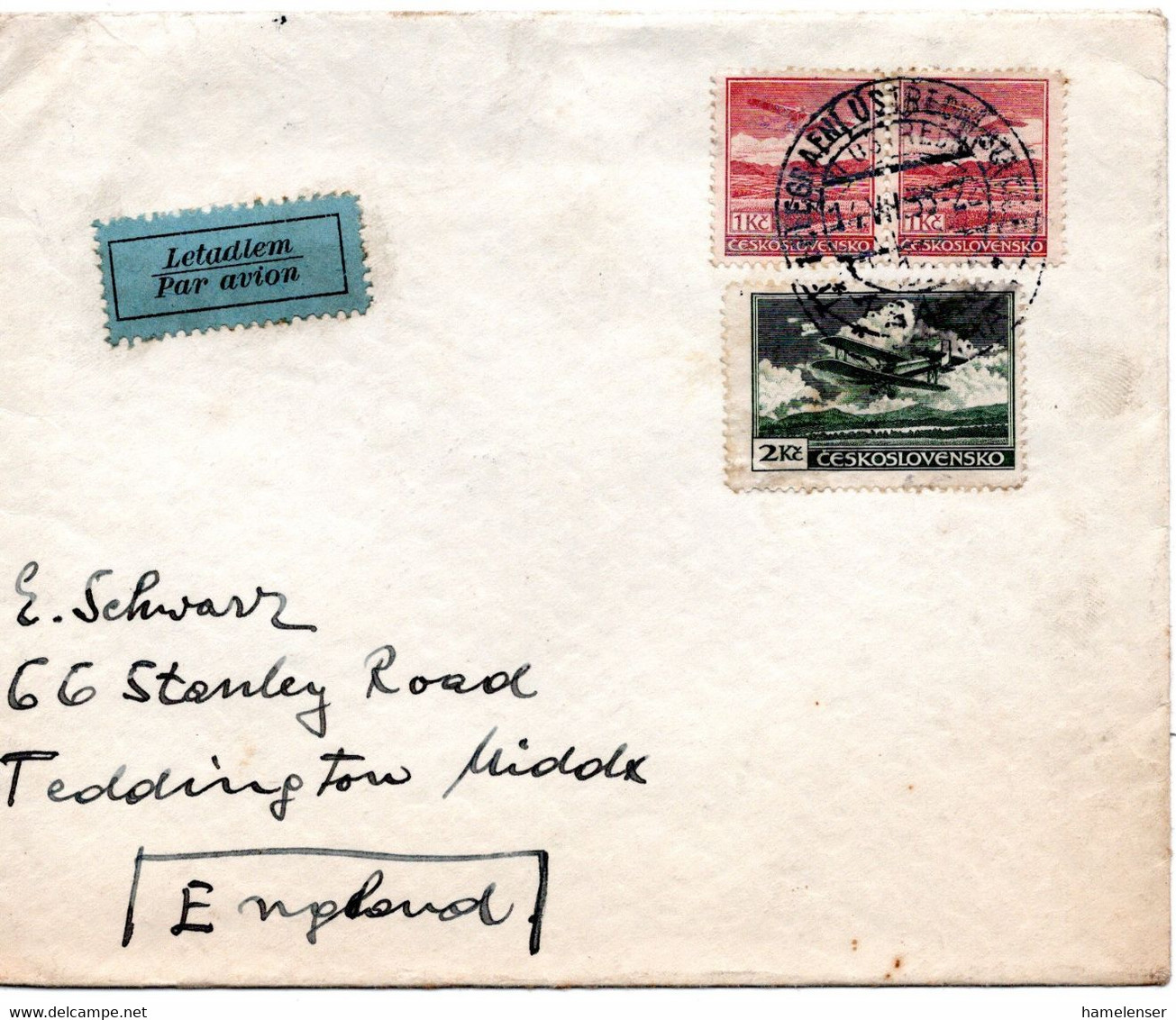 62606 - Tschechoslowakei - 1935 - 2Kc Luftpost MiF A LpBf PRAHA -> Grossbritannien - Lettres & Documents