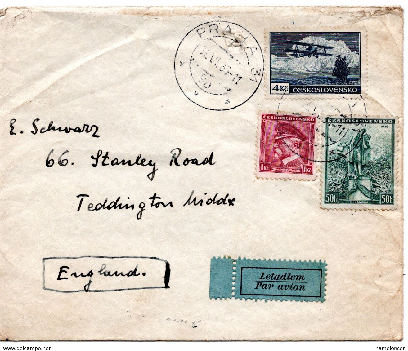 62607 - Tschechoslowakei - 1935 - 4Kc Luftpost MiF A LpBf PRAHA -> Grossbritannien - Covers & Documents