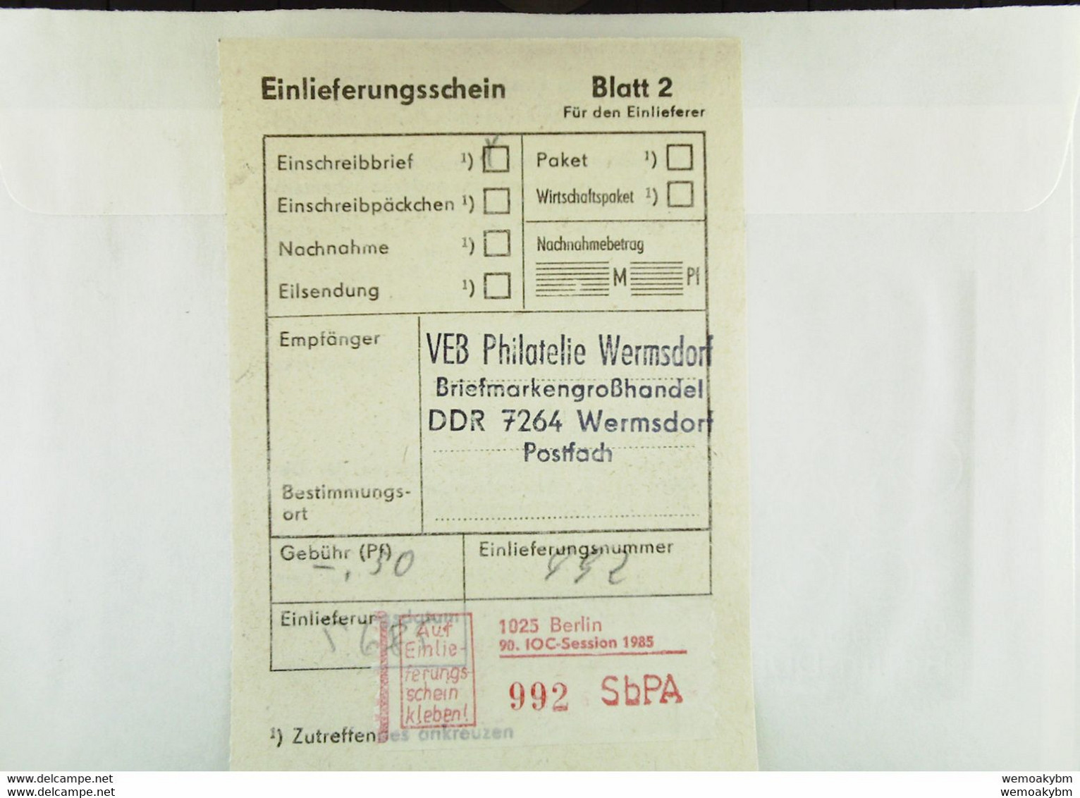 E-Fern-Brf Mit SB-R-Zettel 50 Pf 1025 Berlin 992 -mit Einlief.schein 5.6.85 Knr: SbPÄ 90. IOC-Session 1985 WZd 637 SoStp - R-Zettel