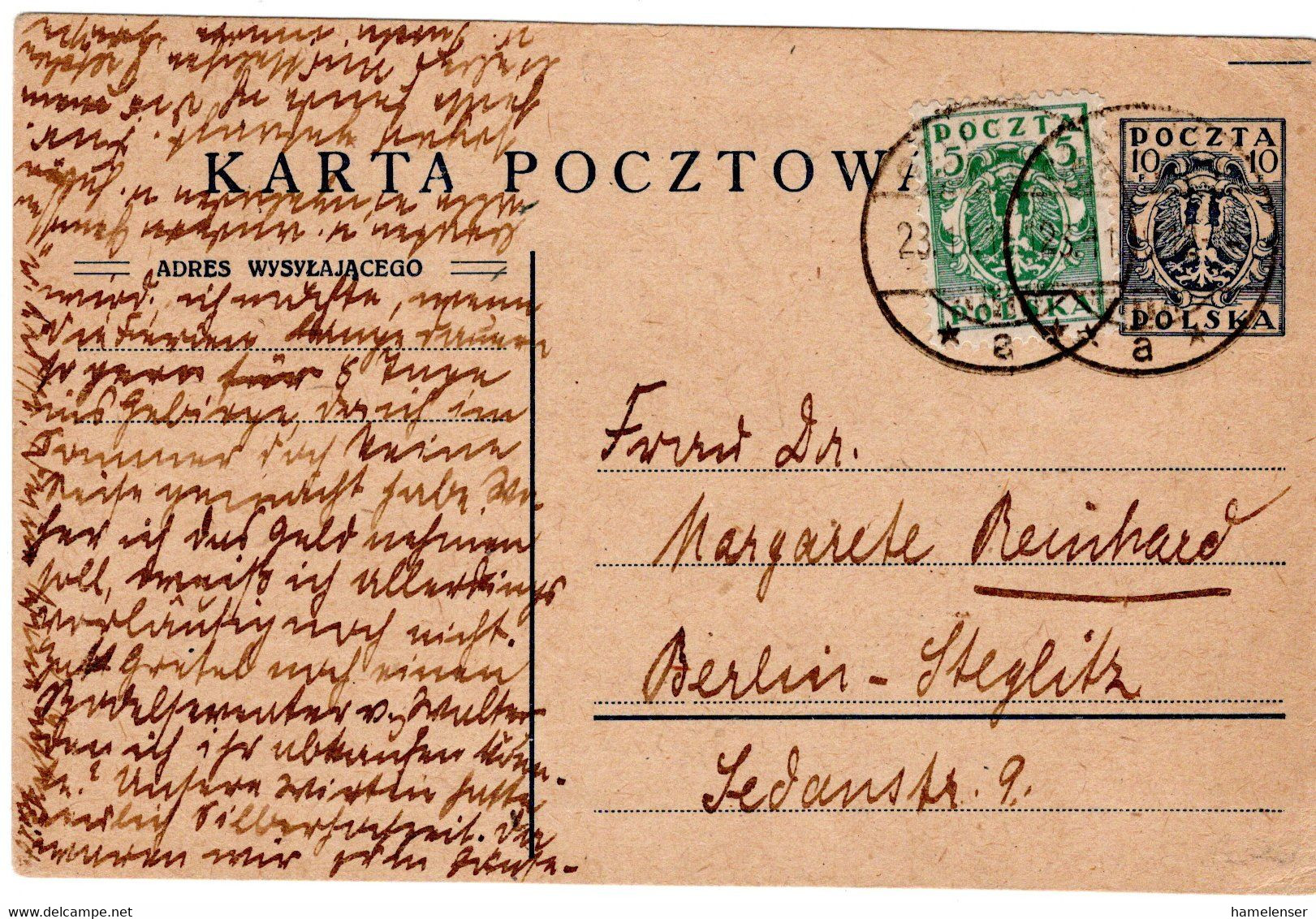 62616 - Polen - 1919 - 10f GAKte M ZusFrankatur -> Deutschland - Briefe U. Dokumente