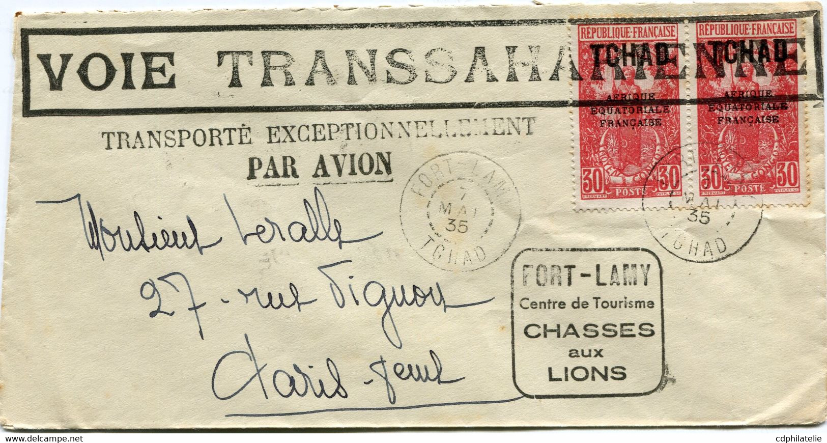 TCHAD LETTRE AVEC CACHET "VOIE TRANSSAHARIENNE" TRANSPORTE.....PAR AVION DEPART FORT-LAMY 7 MAI 35 + CACHET....AUX LIONS - Covers & Documents