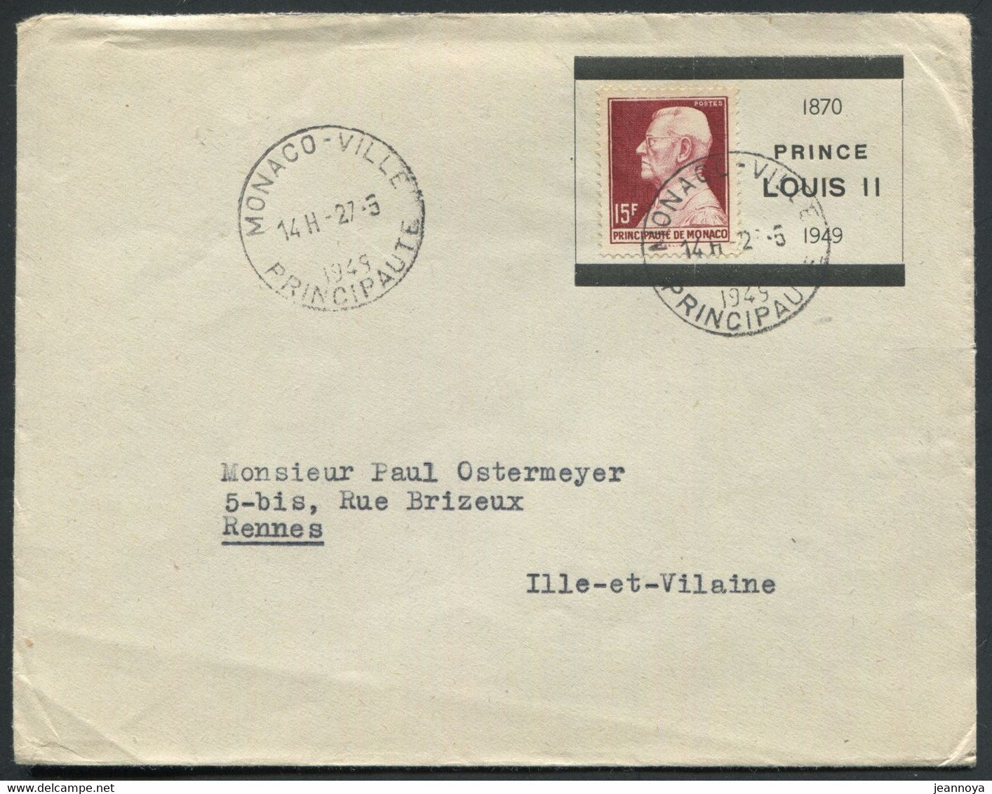 MONACO - N° 305B / LETTRE MONACO-VILLE LE 27/5/1949 POUR  RENNES - TB - Covers & Documents
