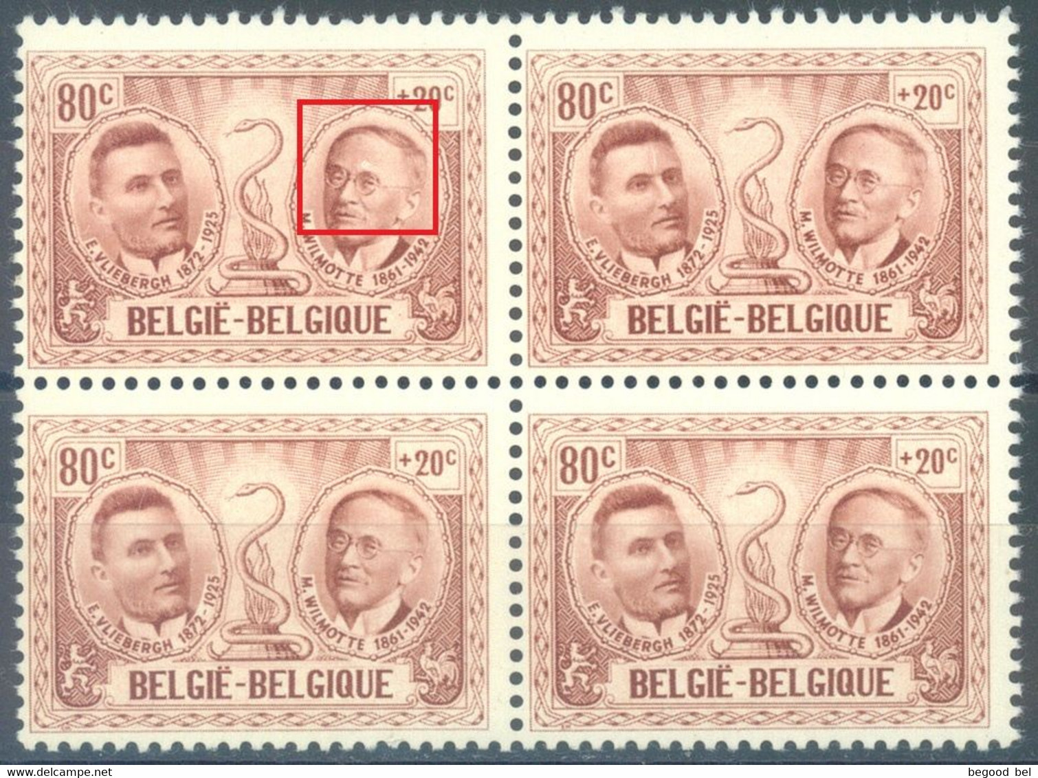 BELGIUM - 1957 - MNH/*** LUXE - TACHE BLANCHE AU DESSUS DE L'OEIL - COB 1014 Luppi 2 - Lot 25570 - BLOC DE 4 - Sonstige & Ohne Zuordnung