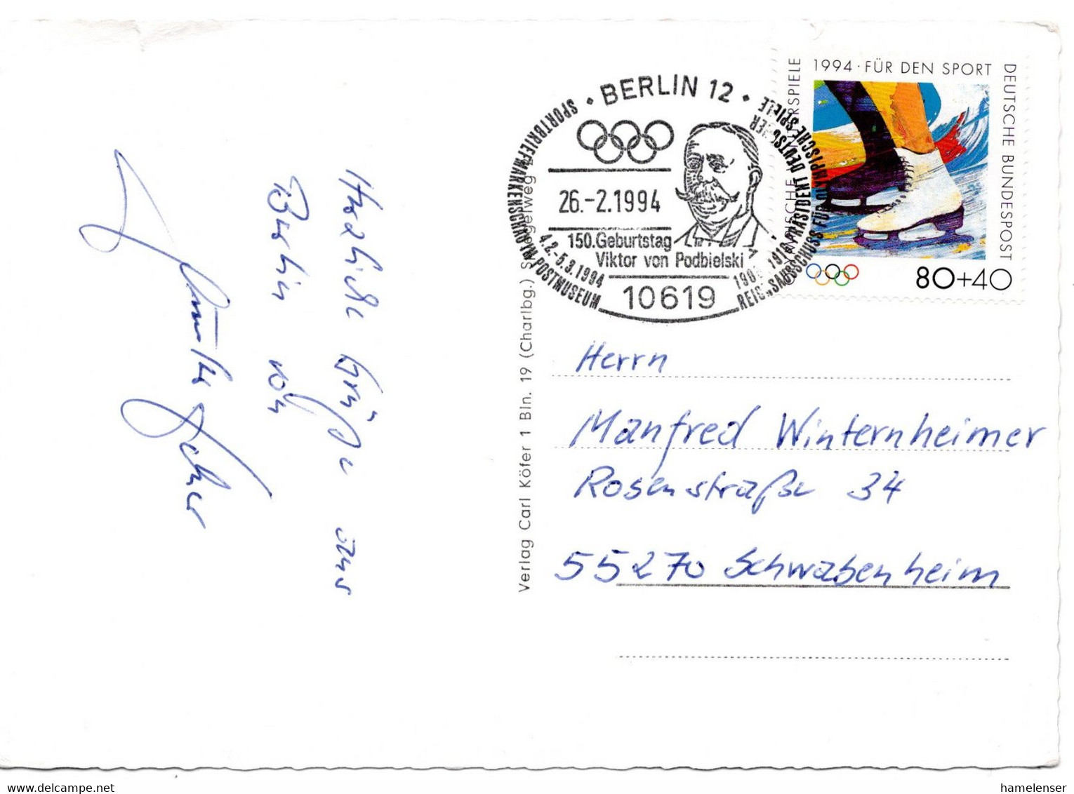 55730 - Bund - 1994 - 80Pfg Olympia EF A AnsKte M SoStpl BERLIN - VIKTOR VON PODBIELSKY ... -> Schwabenheim - Sonstige & Ohne Zuordnung