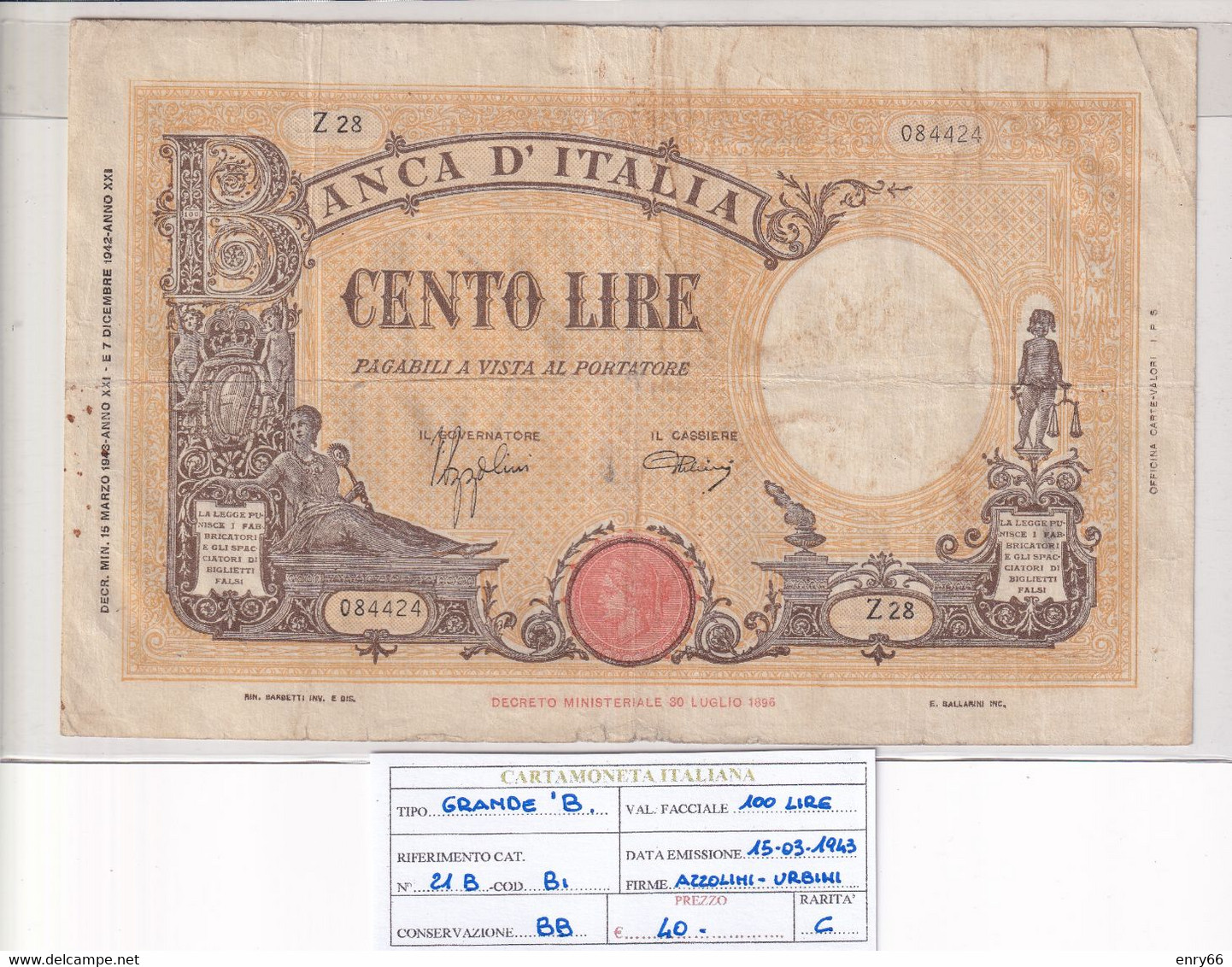 ITALIA 100 LIRE 15-03-1943 CAT. N° 21B - 100 Liras