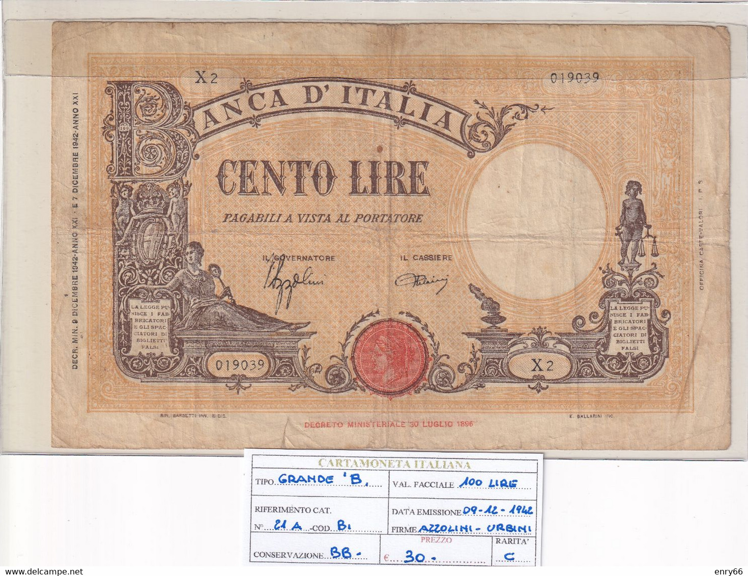 ITALIA 100 LIRE 09-12-1942 CAT. N° 21A - 100 Liras