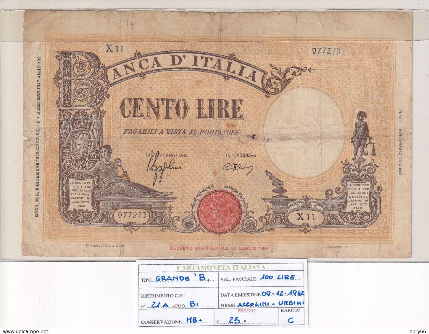 ITALIA 100 LIRE 09-12-1942 CAT. N° 21A - 100 Liras