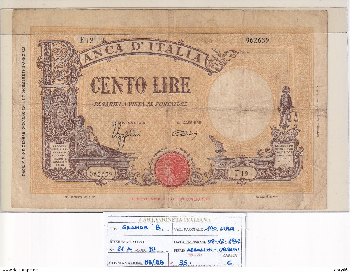 ITALIA 100 LIRE 09-12-1942 CAT. N° 21A - 100 Lire