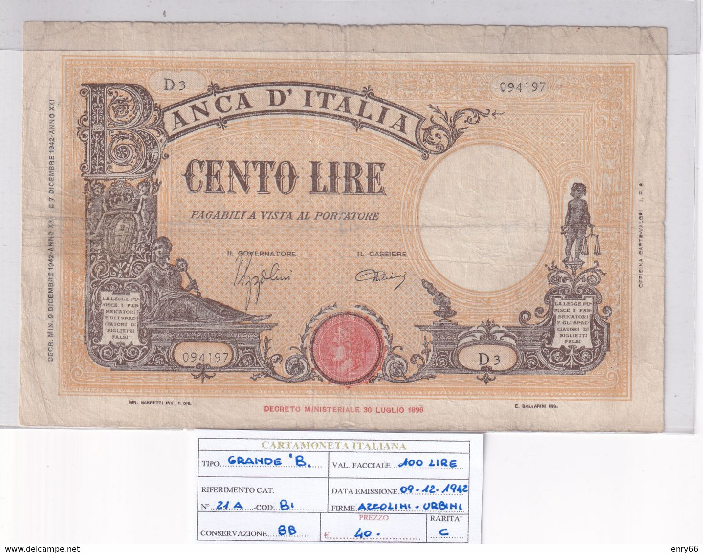 ITALIA 100 LIRE 09-12-1942 CAT. N° 21A - 100 Lire