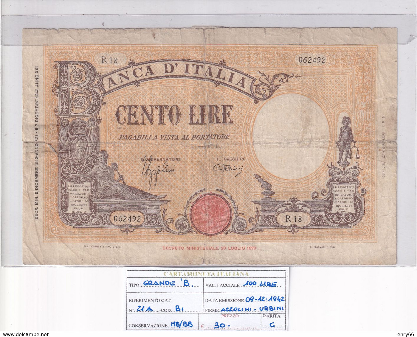 ITALIA 100 LIRE 09-12-1942 CAT. N° 21A - 100 Liras