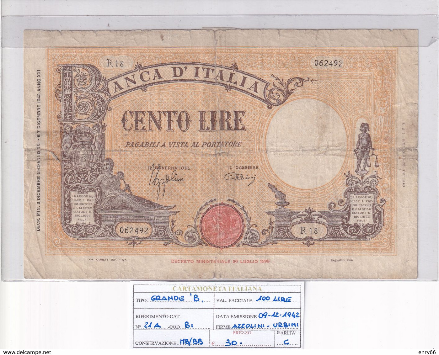 ITALIA 100 LIRE 09-12-1942 CAT. N° 21A - 100 Lire