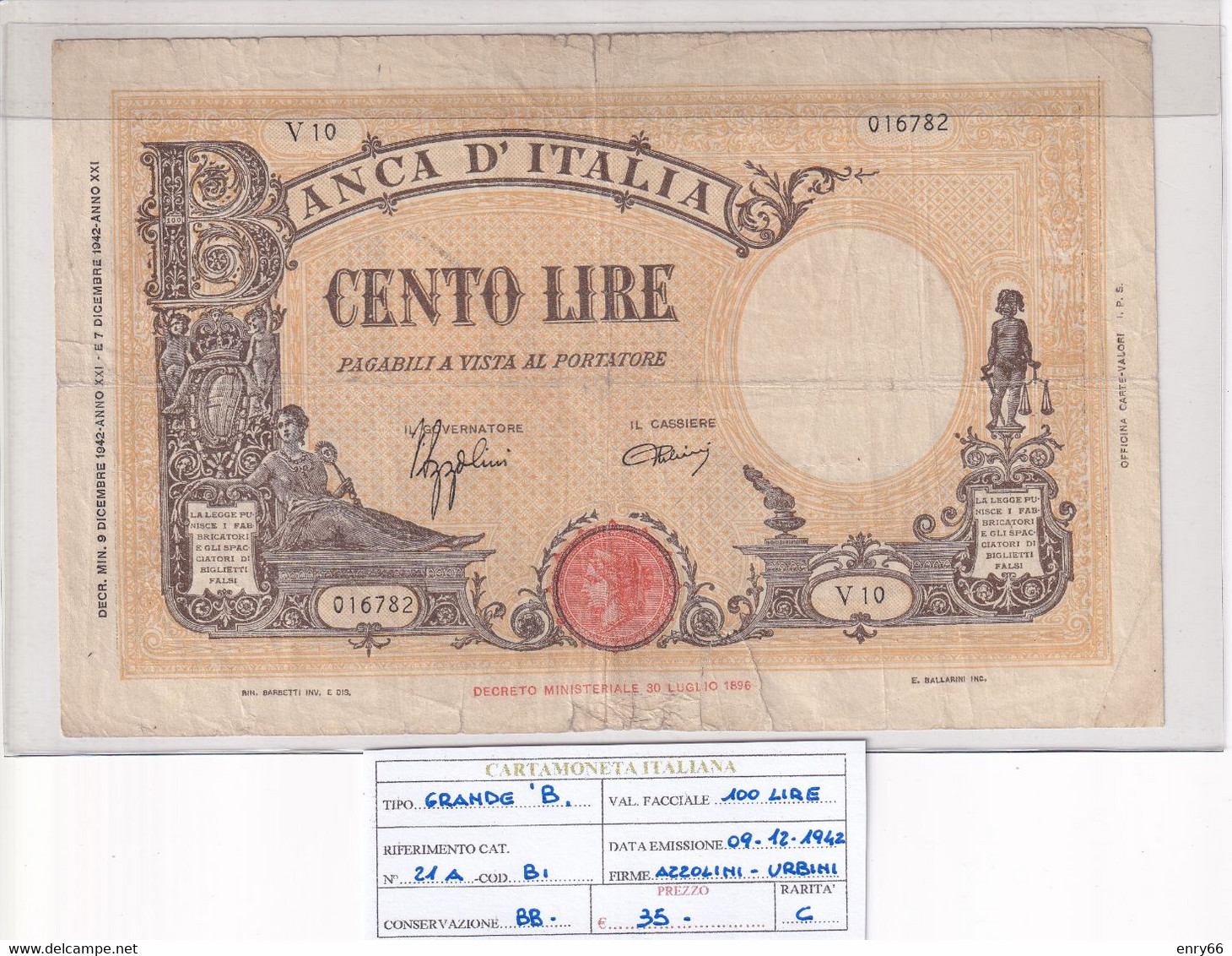 ITALIA 100 LIRE 09-12-1942 CAT. N° 21A - 100 Liras