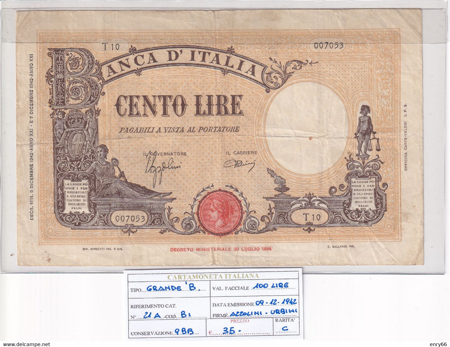 ITALIA 100 LIRE 09-12-1942 CAT. N° 21A - 100 Lire