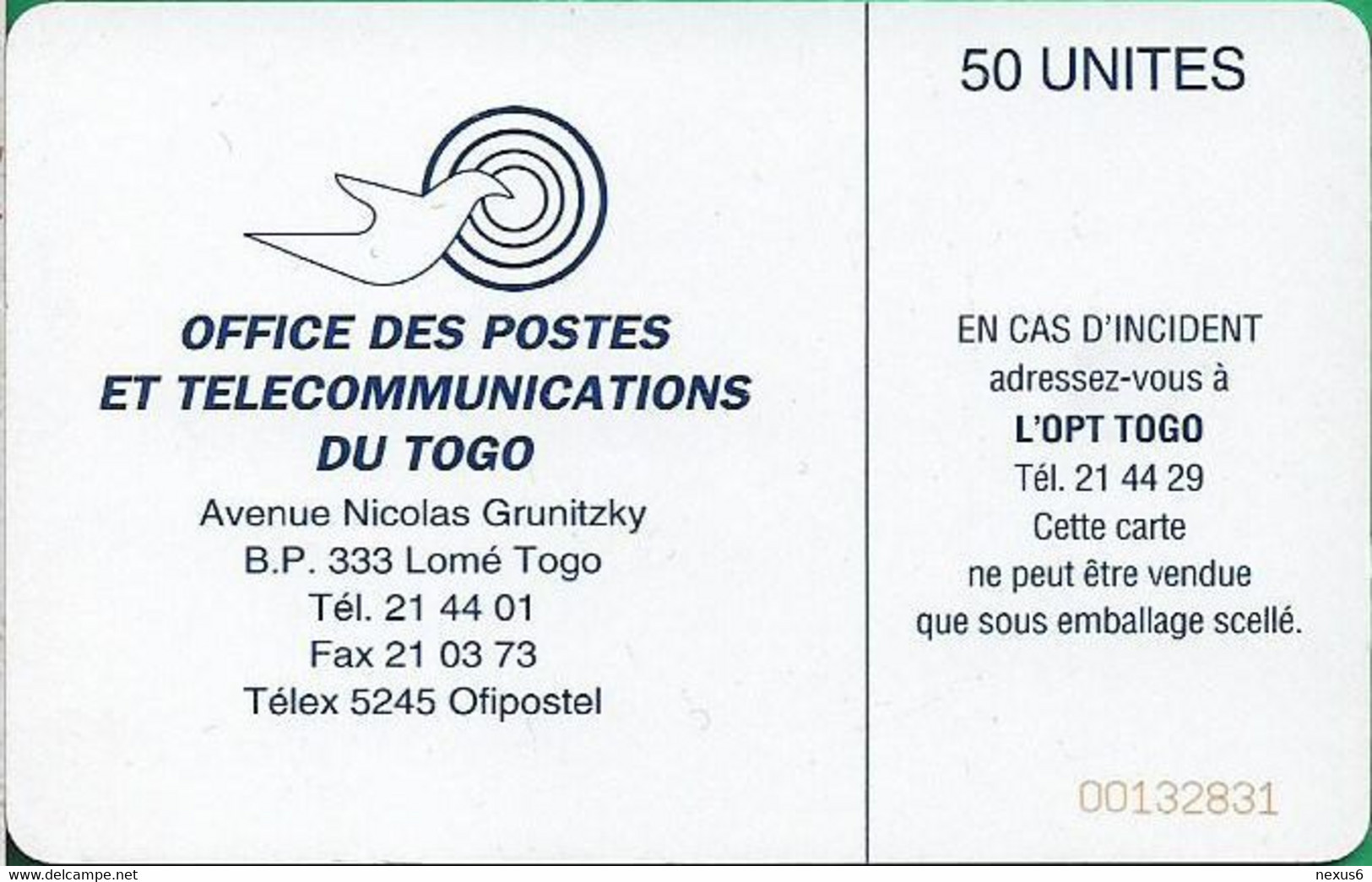 Togo - OPTT (Chip) - Earth Station - SC7, No Schlumberger Logo, Cn. 8 Digits, 1995, 50Units, Used - Togo