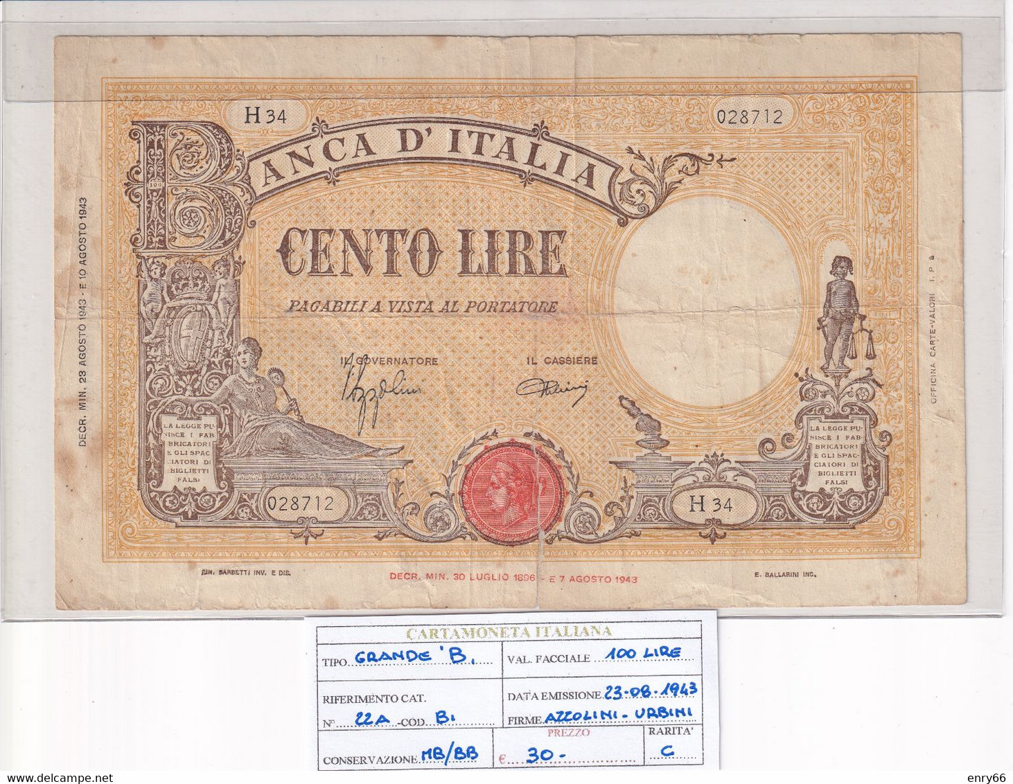 ITALIA 100 LIRE 23-08-1943 CAT. N° 22A - 100 Liras