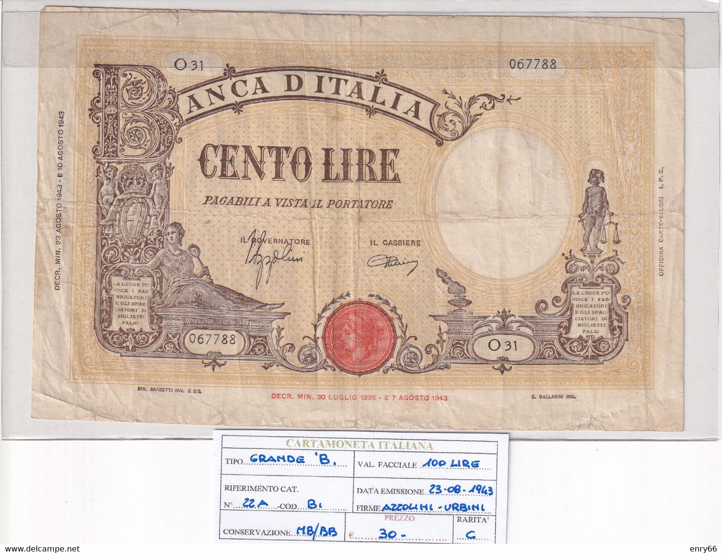 ITALIA 100 LIRE 23-08-1943 CAT. N° 22A - 100 Lire