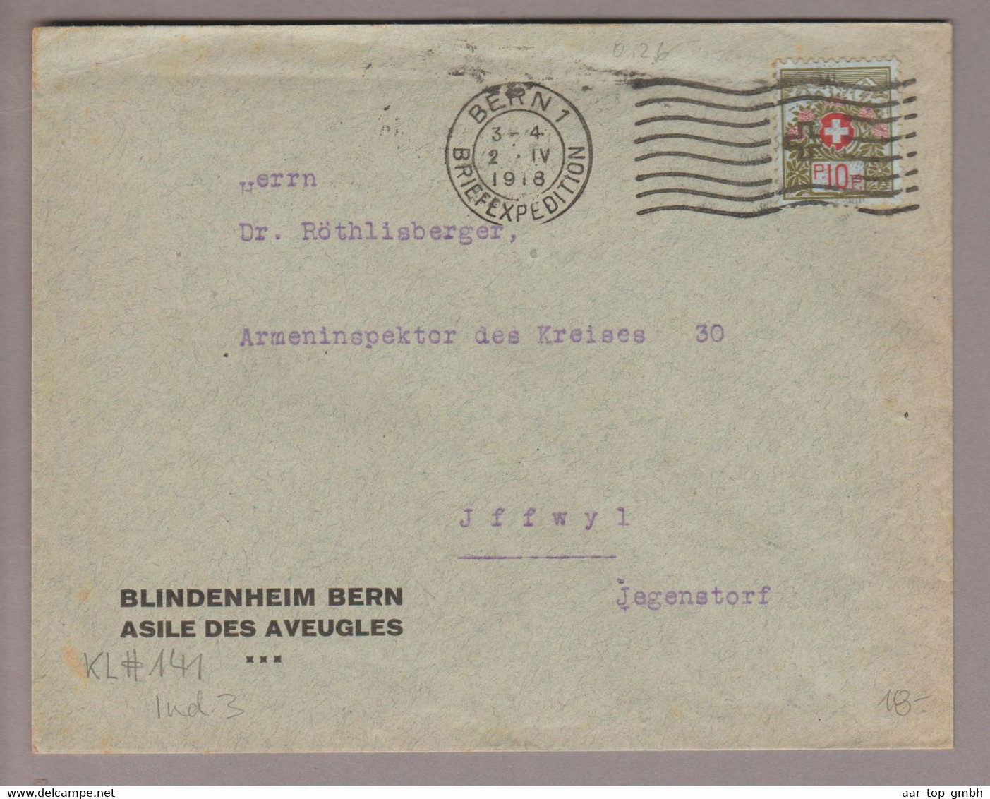 CH Portofreiheit Zu#5A Auf Brief Von Bern 1918-04-02 Blindenheim Bern - Vrijstelling Van Portkosten
