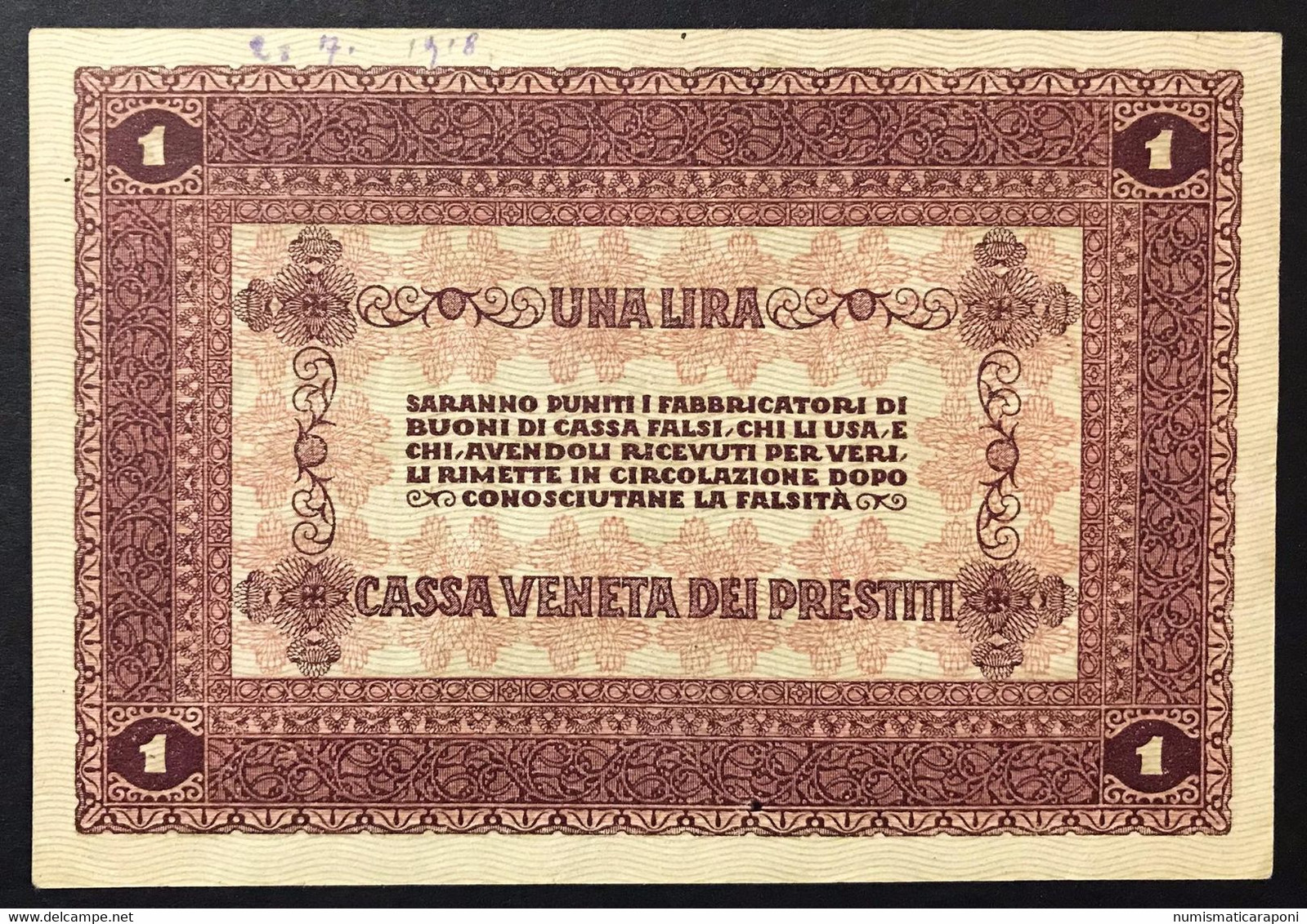 Cassa Veneta Dei Prestiti 1 Lira 02 01 1918 Spl+ Data A Penna LOTTO 4227 - Non Classificati