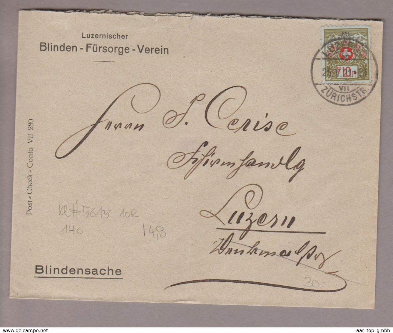 CH Portofreiheit Zu#5A 10Rp. Kl#561 Auf Ortsbrief Luzern 1921-01-26 - Franchigia