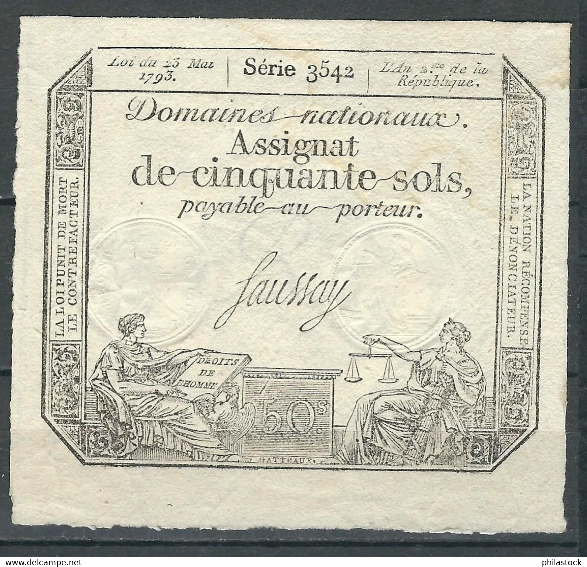 FRANCE 1793 Assignat De 50 Sols - ...-1889 Circulated During XIXth