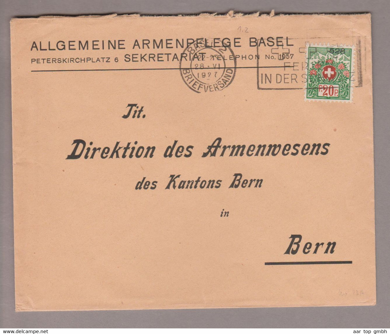 CH Portofreiheit Zu#13A 20Rp. GR#528 Brief Allgemeine Armenpflege Basel - Franchise