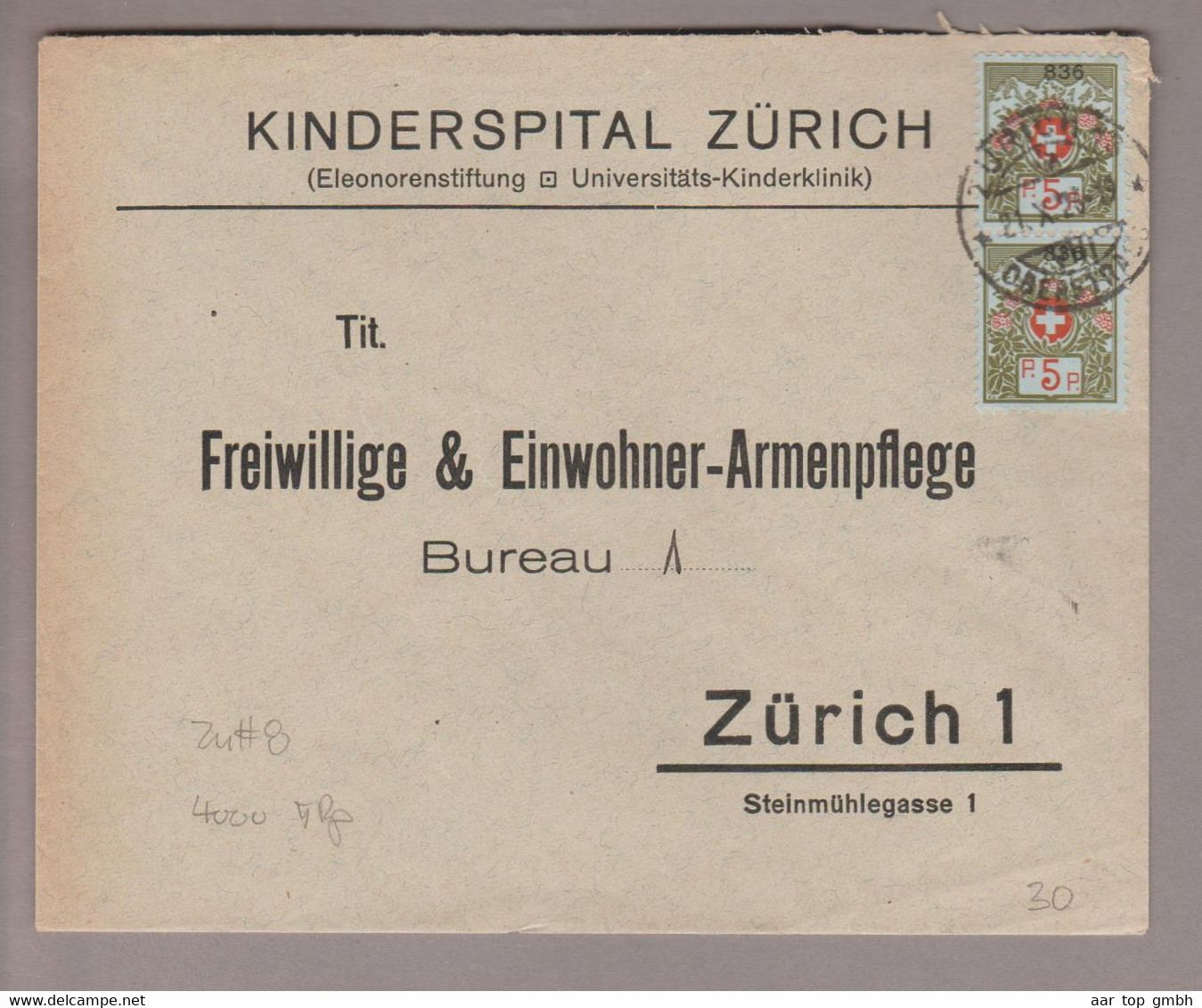 CH Portofreiheit Zu#8 5Rp. Paar GR#836 Ortsbrief Kinderspital Zürich - Franchigia