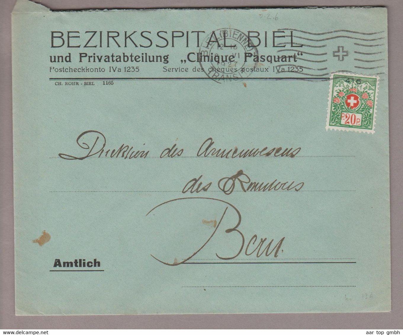 CH Portofreiheit Zu#13A 20Rp. GR#416 Auf Brief Nach Bern Bezirksspital Biel - Franchise