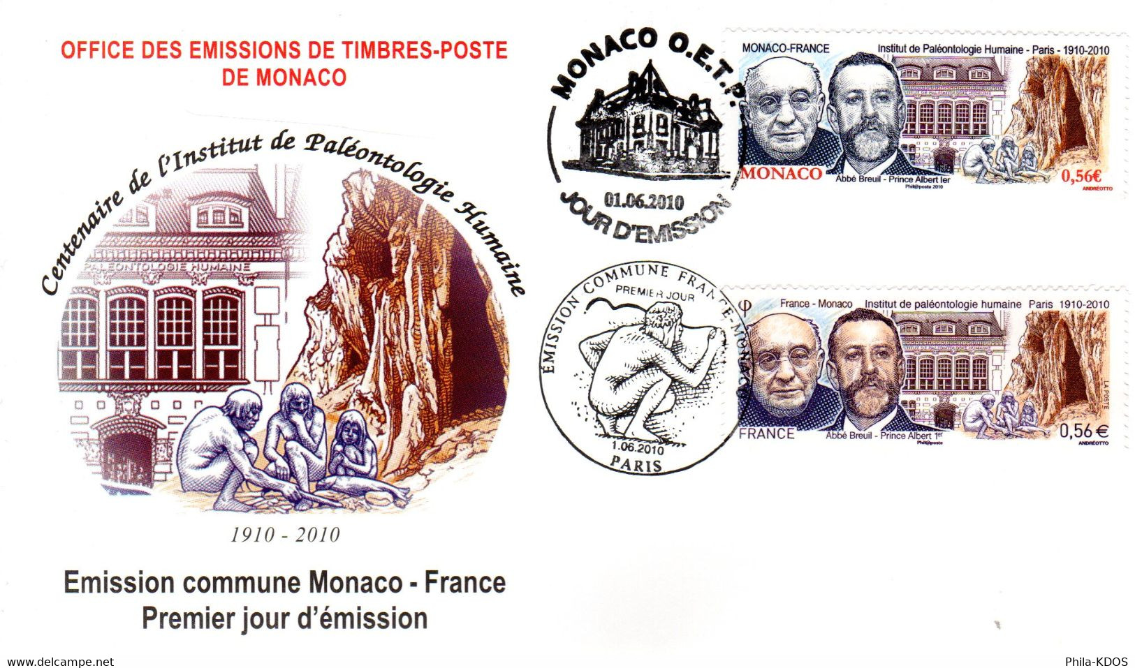 2010 " FRANCE / MONACO : 100 ANS DE L'INSTITUT DE PALEONTOLOGIE " Sur Enveloppe 1er Jour N° YT 4456 + 2743 FDC - Préhistoire