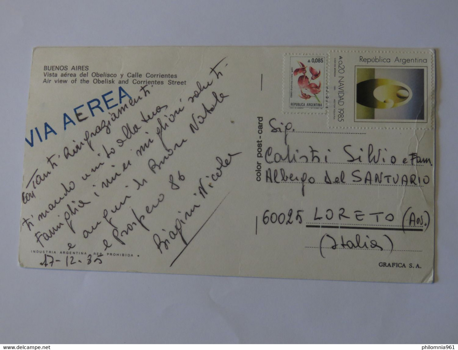 ARGENTINA POSTCARD TO ITALY 1985 - Usados