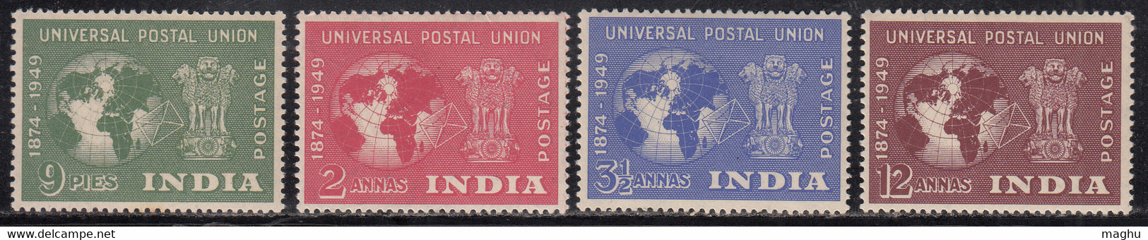 India MH 1949 UPU, Set Of 4, White Gum, Univesal Postal Union, Globe, Map, Ashokan Lion Pillar, - Unused Stamps