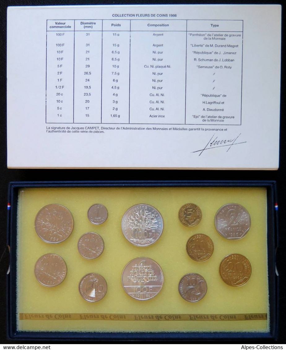 F5000.43 - COFFRET FLEURS DE COINS - 1986 - 1 Centime à 100 Francs RARE - BU, Proofs & Presentation Cases