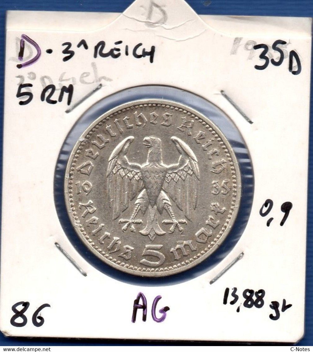 GERMANY - 5 Reichsmark 1935 D -  See Photos - SILVER - Km 86 - 5 Reichsmark