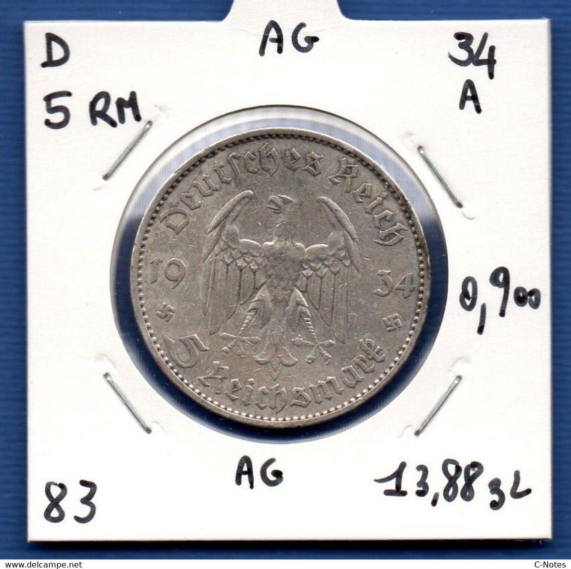 GERMANY - 5 Reichsmark 1934 A -  See Photos - SILVER - Km 83 - 5 Reichsmark