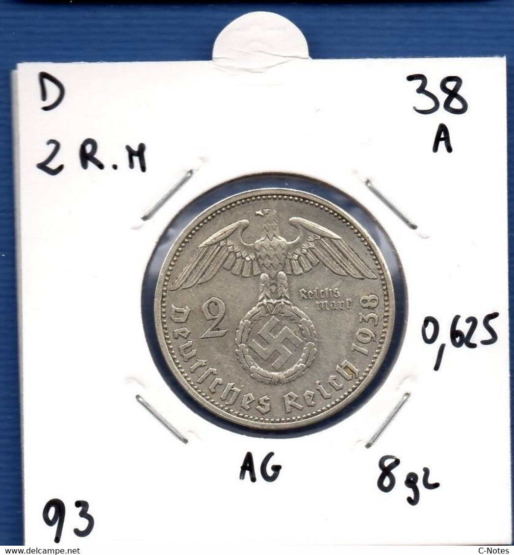 GERMANY - 2 Reichsmark 1938 A -  See Photos - SILVER - Km 93 - 2 Reichsmark