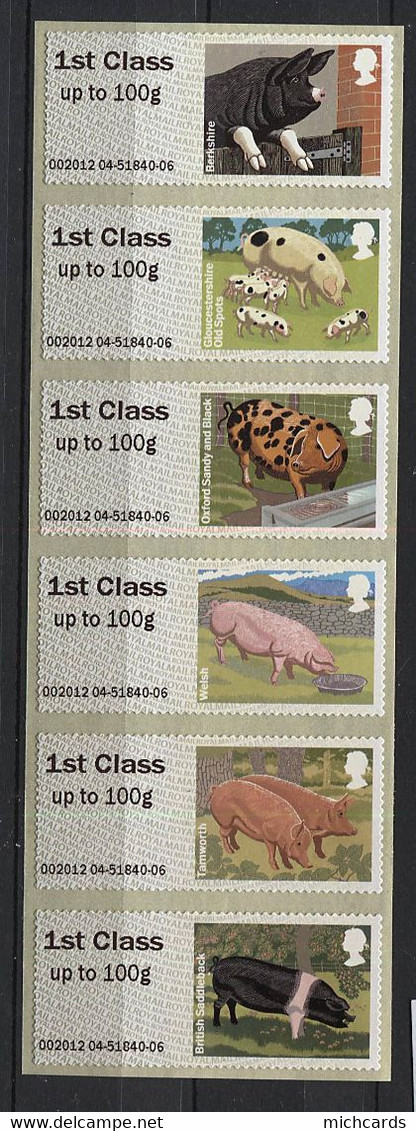 206 GRANDE BRETAGNE 2012 - Y&T 33/38 Distributeur Adhesif - Cochon Porc - Neuf ** (MNH) Sans Charniere - Post & Go Stamps