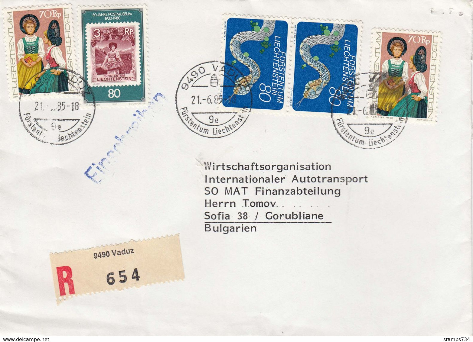 Liechtenstein - 002/1985 - R-Brief Echt Gelaufen Aus Vaduz Nach Sofia/Bulgaria - Brieven En Documenten