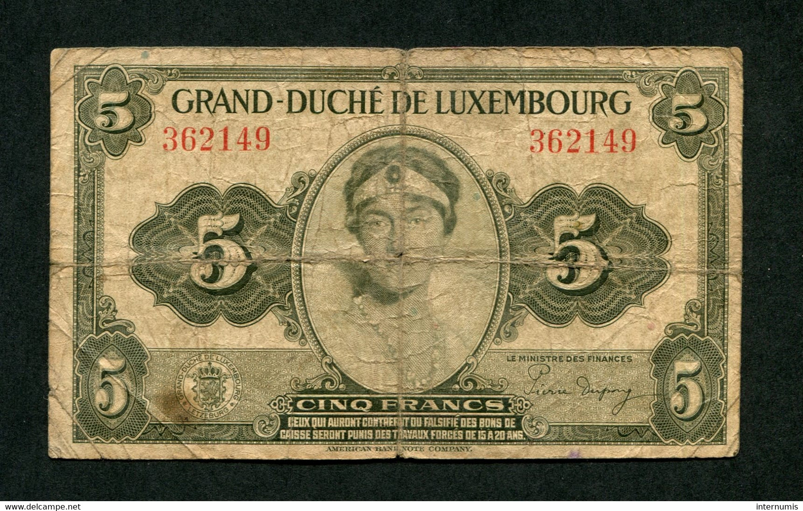 2 Billets (2 Banknotes) :  5 Francs Grand-Duché De Luxembourg (1943-1944) -  P43, B325 - Lussemburgo