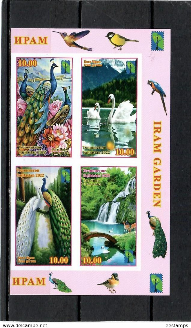 Tajikistan 2022 . Iram Garden (RCC , Birds , Lake, Mountains, Waterfalls, Flowers, Bridges). Imperf 4v. - Tadjikistan