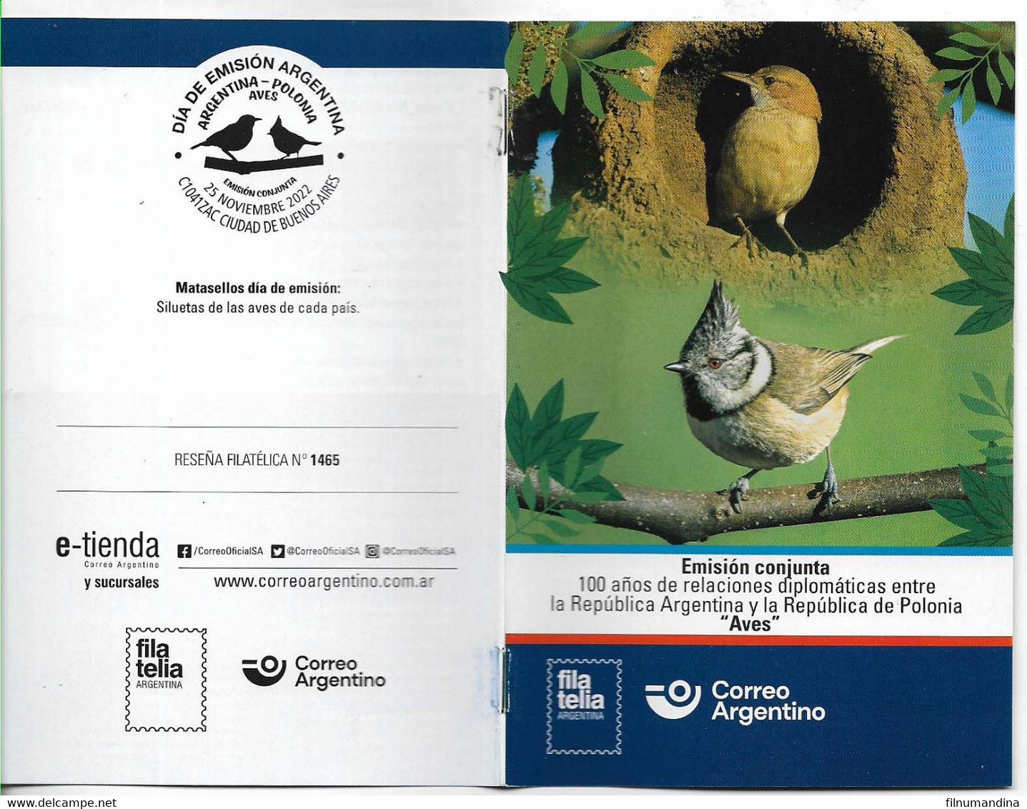 #75202 ARGENTINA -POLAND 2022 JOINT ISSUE FAUNA BIRDS POST OFFICIAL BROCHURE - Libretti