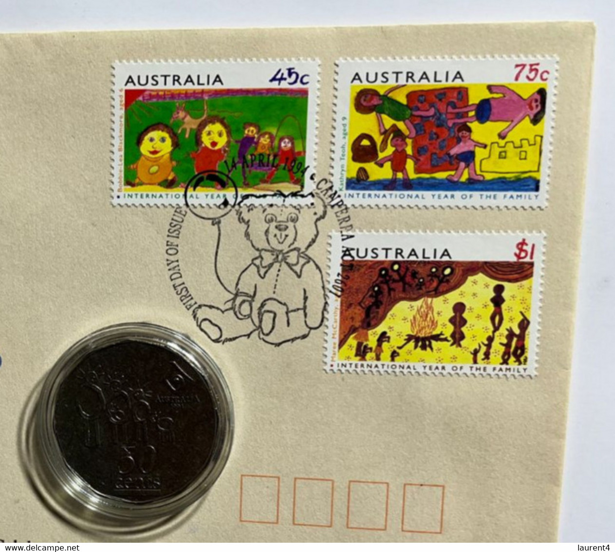 (4 M 44 A) Australia - 50 Cent Coin Int. Year Of Family Coin On Int. Years Of Familly FDC Cover 1994 (Teddy Bear P/m) - 20 Cents